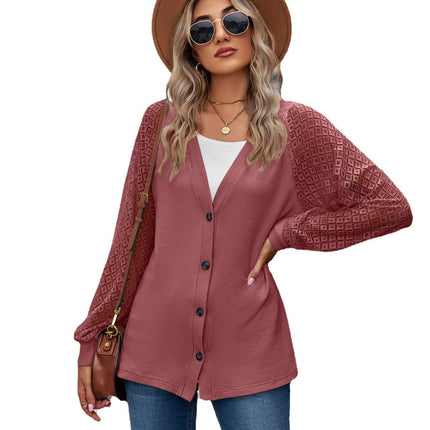 Autumn Women's Cardigan Tops Solid Color Loose Button Lace Splicing Tops Loose Single Breasted Cardigan Tops