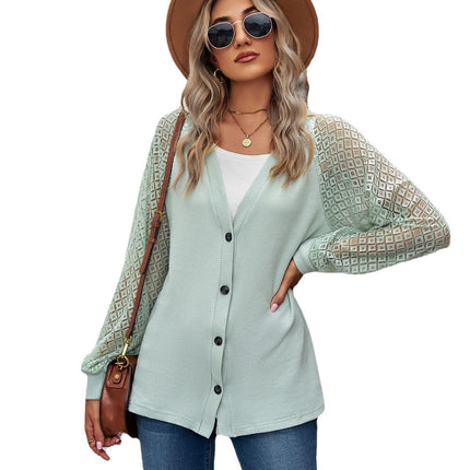 Autumn Women's Cardigan Tops Solid Color Loose Button Lace Splicing Tops Loose Single Breasted Cardigan Tops