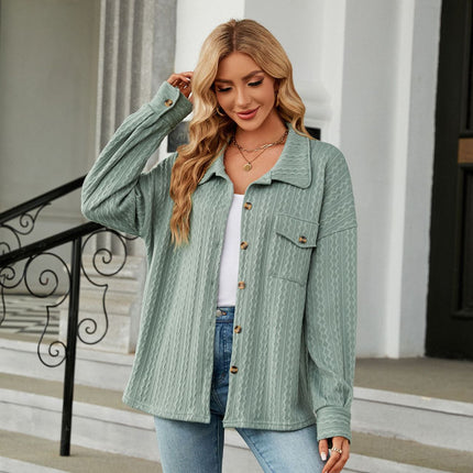 Women's casual lapel shirt Spring and Autumn fashion loose long-sleeved shirt with pockets buttons solid color shirt blouse