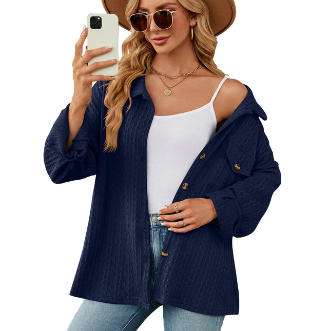 Women's casual lapel shirt Spring and Autumn fashion loose long-sleeved shirt with pockets buttons solid color shirt blouse