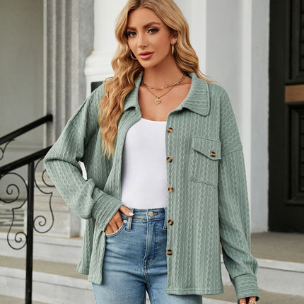 Women's casual lapel shirt Spring and Autumn fashion loose long-sleeved shirt with pockets buttons solid color shirt blouse