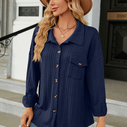 Women's casual lapel shirt Spring and Autumn fashion loose long-sleeved shirt with pockets buttons solid color shirt blouse