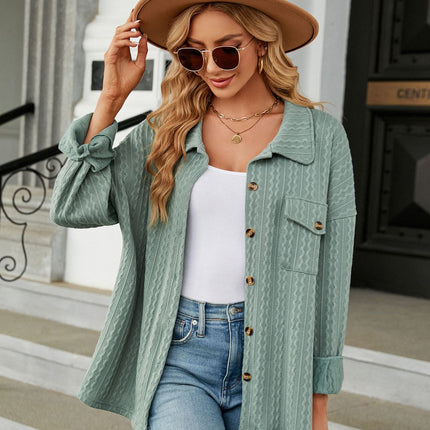 Women's casual lapel shirt Spring and Autumn fashion loose long-sleeved shirt with pockets buttons solid color shirt blouse