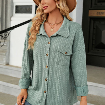 Women's casual lapel shirt Spring and Autumn fashion loose long-sleeved shirt with pockets buttons solid color shirt blouse