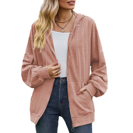 Women's Zipper Hoodie Drawstring Solid Color Cardigan Jacket Comfortable Casual with Pockets Sweatshirt Soft Loose Jacket