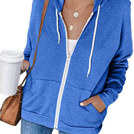 Women's Autumn and Winter Long Sleeve Zipper Hooded Jacket Solid Color Sweatshirt Jacket With Kangaroo Pocket Cardigan Jacket