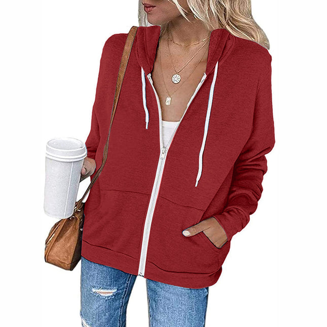 Women's Autumn and Winter Long Sleeve Zipper Hooded Jacket Solid Color Sweatshirt Jacket With Kangaroo Pocket Cardigan Jacket