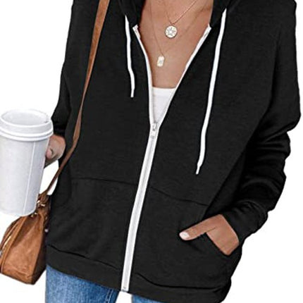 Women's Autumn and Winter Long Sleeve Zipper Hooded Jacket Solid Color Sweatshirt Jacket With Kangaroo Pocket Cardigan Jacket