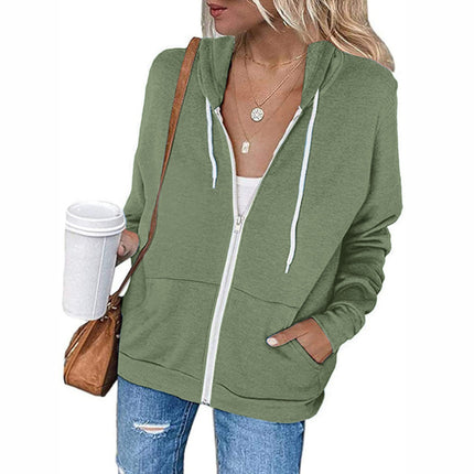 Women's Autumn and Winter Long Sleeve Zipper Hooded Jacket Solid Color Sweatshirt Jacket With Kangaroo Pocket Cardigan Jacket