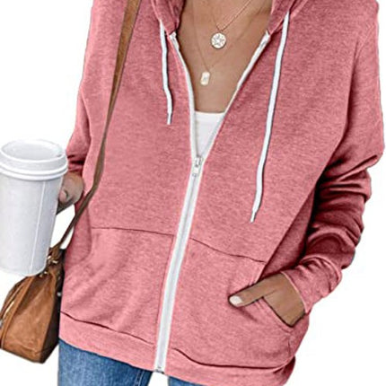 Women's Autumn and Winter Long Sleeve Zipper Hooded Jacket Solid Color Sweatshirt Jacket With Kangaroo Pocket Cardigan Jacket