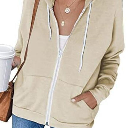 Women's Autumn and Winter Long Sleeve Zipper Hooded Jacket Solid Color Sweatshirt Jacket With Kangaroo Pocket Cardigan Jacket