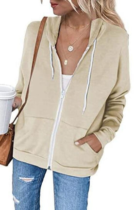 Women's Autumn and Winter Long Sleeve Zipper Hooded Jacket Solid Color Sweatshirt Jacket With Kangaroo Pocket Cardigan Jacket