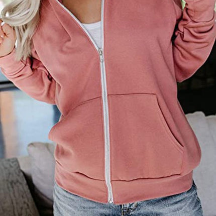 Women's Autumn and Winter Long Sleeve Zipper Hooded Jacket Solid Color Sweatshirt Jacket With Kangaroo Pocket Cardigan Jacket