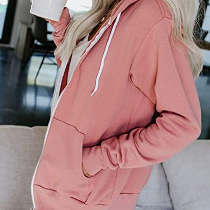 Women's Autumn and Winter Long Sleeve Zipper Hooded Jacket Solid Color Sweatshirt Jacket With Kangaroo Pocket Cardigan Jacket