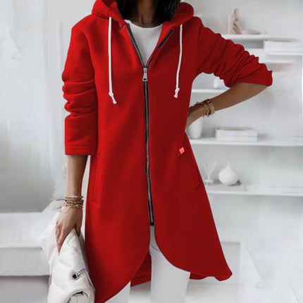 Women's Mid-Length Personalized Sweatshirt Pocket Fashion Casual Zipper Padded Top Hooded Jacket Loose Cardigan Cozy Coat