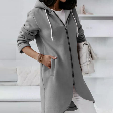 Women's Mid-Length Personalized Sweatshirt Pocket Fashion Casual Zipper Padded Top Hooded Jacket Loose Cardigan Cozy Coat