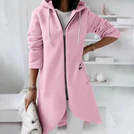 Women's Mid-Length Personalized Sweatshirt Pocket Fashion Casual Zipper Padded Top Hooded Jacket Loose Cardigan Cozy Coat