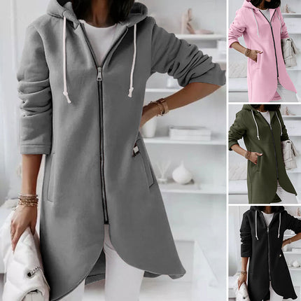 Women's Mid-Length Personalized Sweatshirt Pocket Fashion Casual Zipper Padded Top Hooded Jacket Loose Cardigan Cozy Coat