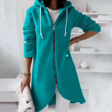 Women's Mid-Length Personalized Sweatshirt Pocket Fashion Casual Zipper Padded Top Hooded Jacket Loose Cardigan Cozy Coat