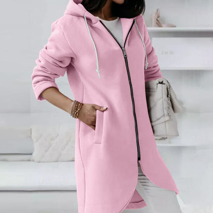 Women's Mid-Length Personalized Sweatshirt Pocket Fashion Casual Zipper Padded Top Hooded Jacket Loose Cardigan Cozy Coat