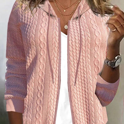 Women's Zipper Hoodie Drawstring Solid Color Cardigan Sweater Comfortable Casual Sweatshirt Soft Loose Knit Sweater