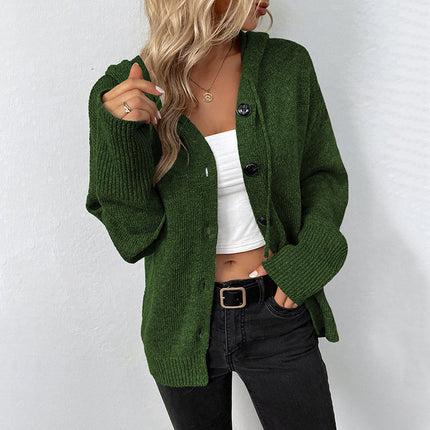 Women's Long Sleeve Open Front Casual Solid Color Hooded Single-Breasted Sweater Drawstring Knit Cardigan Jacket