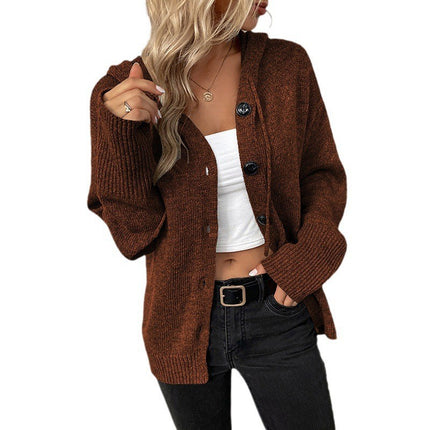 Women's Long Sleeve Open Front Casual Solid Color Hooded Single-Breasted Sweater Drawstring Knit Cardigan Jacket