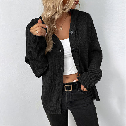 Women's Long Sleeve Open Front Casual Solid Color Hooded Single-Breasted Sweater Drawstring Knit Cardigan Jacket