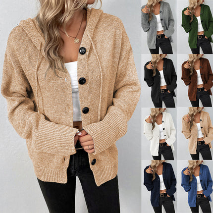 Women's Long Sleeve Open Front Casual Solid Color Hooded Single-Breasted Sweater Drawstring Knit Cardigan Jacket