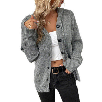 Women's Long Sleeve Open Front Casual Solid Color Hooded Single-Breasted Sweater Drawstring Knit Cardigan Jacket