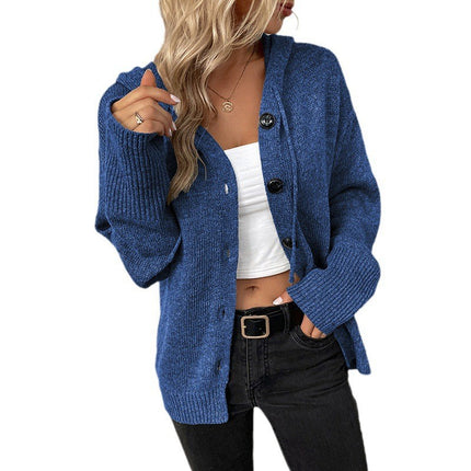 Women's Long Sleeve Open Front Casual Solid Color Hooded Single-Breasted Sweater Drawstring Knit Cardigan Jacket