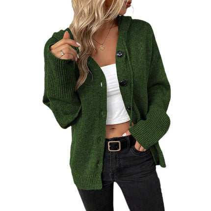 Women's Long Sleeve Open Front Casual Solid Color Hooded Single-Breasted Sweater Drawstring Knit Cardigan Jacket