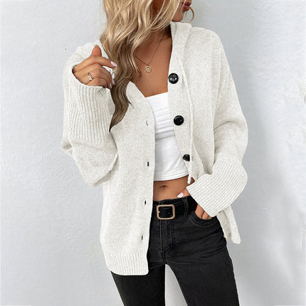 Women's Long Sleeve Open Front Casual Solid Color Hooded Single-Breasted Sweater Drawstring Knit Cardigan Jacket