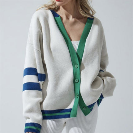 Autumn fashion simple knitted cardigan women long-sleeved loose striped sweater jacket winter casual knitwear