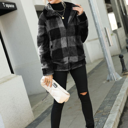 Women's coat, stand-up collar plaid zipper long-sleeved medium-length double-sided fleece top warm coat jacket