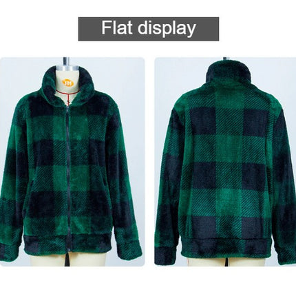 Women's coat, stand-up collar plaid zipper long-sleeved medium-length double-sided fleece top warm coat jacket