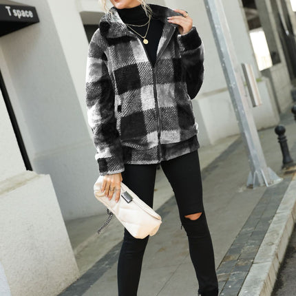 Women's coat, stand-up collar plaid zipper long-sleeved medium-length double-sided fleece top warm coat jacket