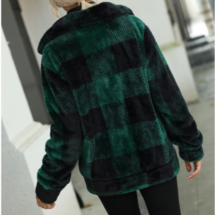 Women's coat, stand-up collar plaid zipper long-sleeved medium-length double-sided fleece top warm coat jacket