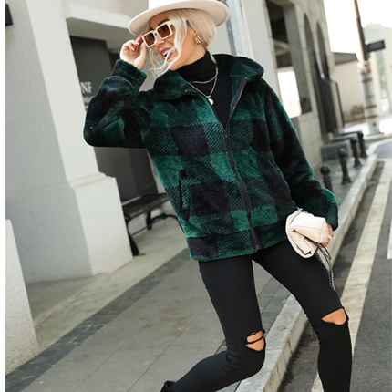 Women's coat, stand-up collar plaid zipper long-sleeved medium-length double-sided fleece top warm coat jacket