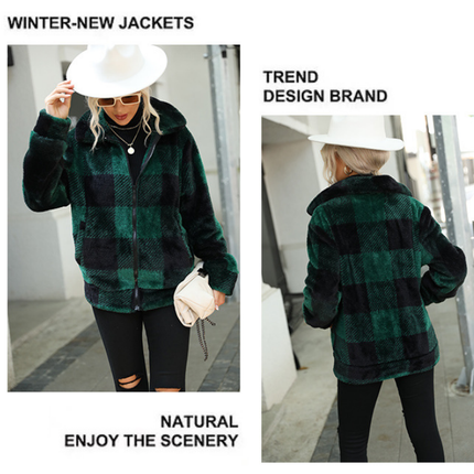 Women's coat, stand-up collar plaid zipper long-sleeved medium-length double-sided fleece top warm coat jacket