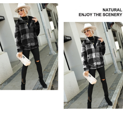 Women's coat, stand-up collar plaid zipper long-sleeved medium-length double-sided fleece top warm coat jacket