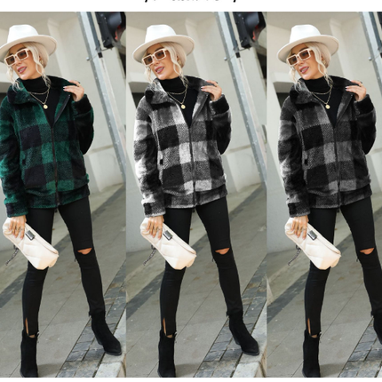 Women's coat, stand-up collar plaid zipper long-sleeved medium-length double-sided fleece top warm coat jacket