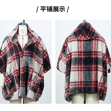 Women's Winter Warm Casual Plaid Shaggy Coat Hooded Five-Quarter Sleeve Loose Scottish Style Unbuttoned Coat