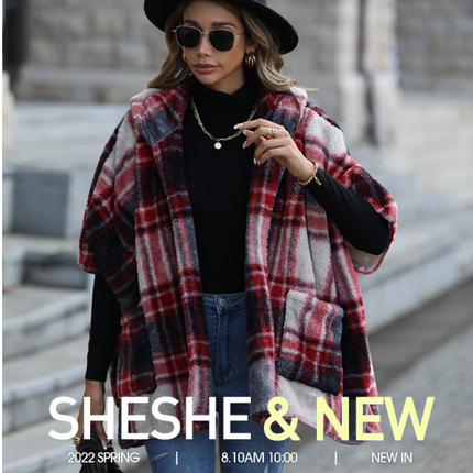 Women's Winter Warm Casual Plaid Shaggy Coat Hooded Five-Quarter Sleeve Loose Scottish Style Unbuttoned Coat