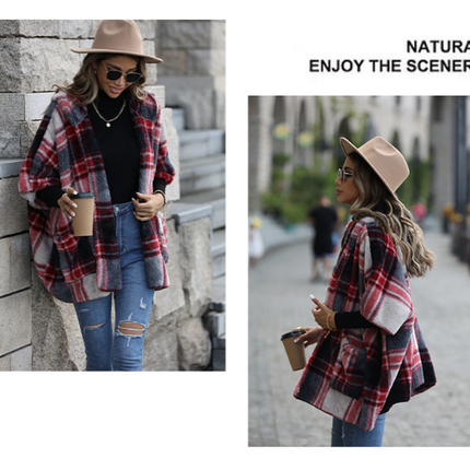 Women's Winter Warm Casual Plaid Shaggy Coat Hooded Five-Quarter Sleeve Loose Scottish Style Unbuttoned Coat