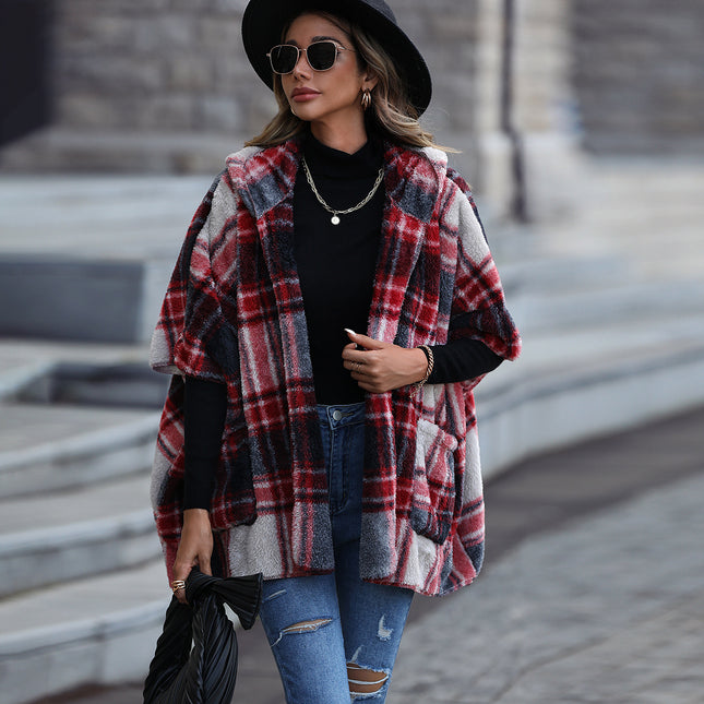 Women's Winter Warm Casual Plaid Shaggy Coat Hooded Five-Quarter Sleeve Loose Scottish Style Unbuttoned Coat