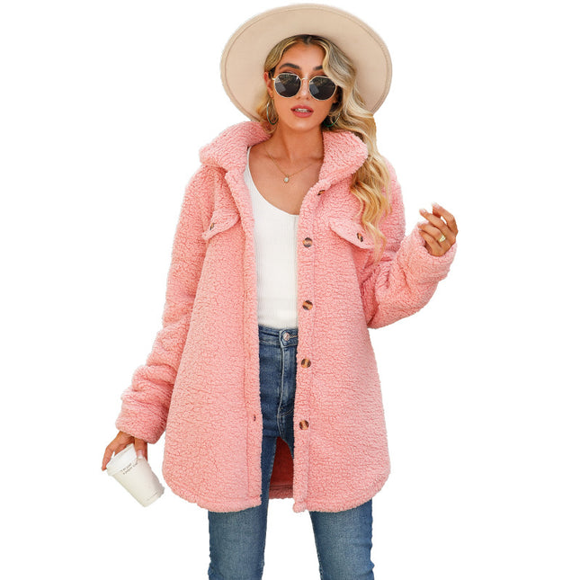 Winter Women's Plush Coat Button Lapel Long Sleeve Sleeve Wide Coat Fashion Casual Bubble Fleece Warm Coat