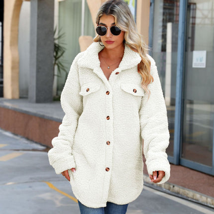 Winter Women's Plush Coat Button Lapel Long Sleeve Sleeve Wide Coat Fashion Casual Bubble Fleece Warm Coat