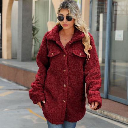 Winter Women's Plush Coat Button Lapel Long Sleeve Sleeve Wide Coat Fashion Casual Bubble Fleece Warm Coat