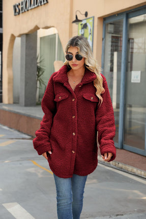 Winter Women's Plush Coat Button Lapel Long Sleeve Sleeve Wide Coat Fashion Casual Bubble Fleece Warm Coat